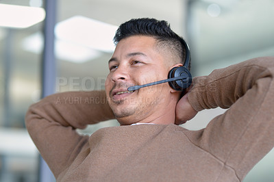 Buy stock photo Happy man, relax and call centre with headphone for customer service, support and telemarketing in office. Male employee, consultant and help, support and advice from crm on hotline for communication