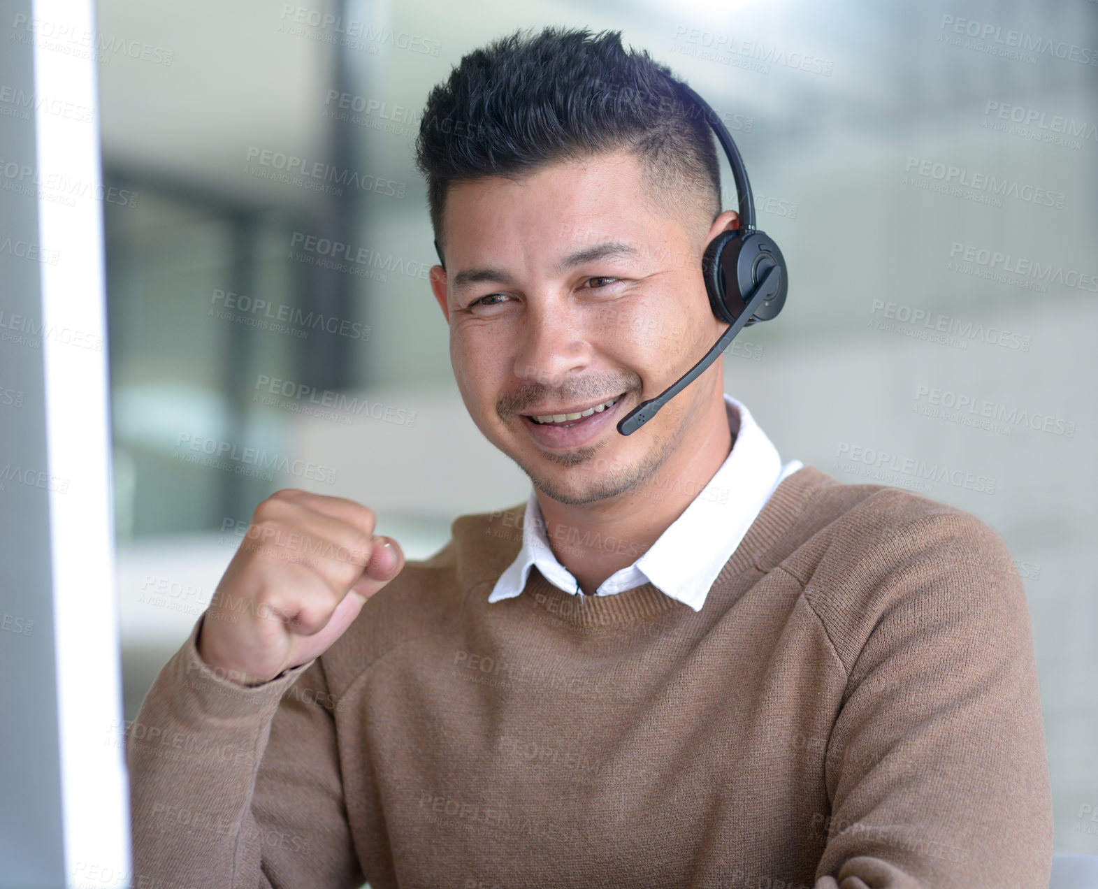 Buy stock photo Man, call centre and headphone for celebration with customer service, support and success in office. Male consultant, technology and communication with help and advice with clients on hotline