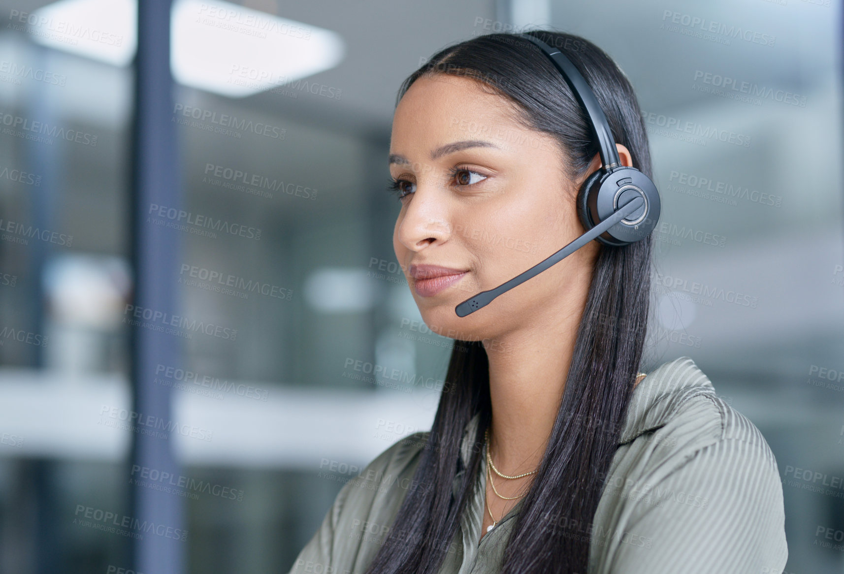 Buy stock photo Woman, call center with CRM and contact us,  communication with headset and technology in office. Female consultant customer service, telemarketing or tech support with help desk employee at office