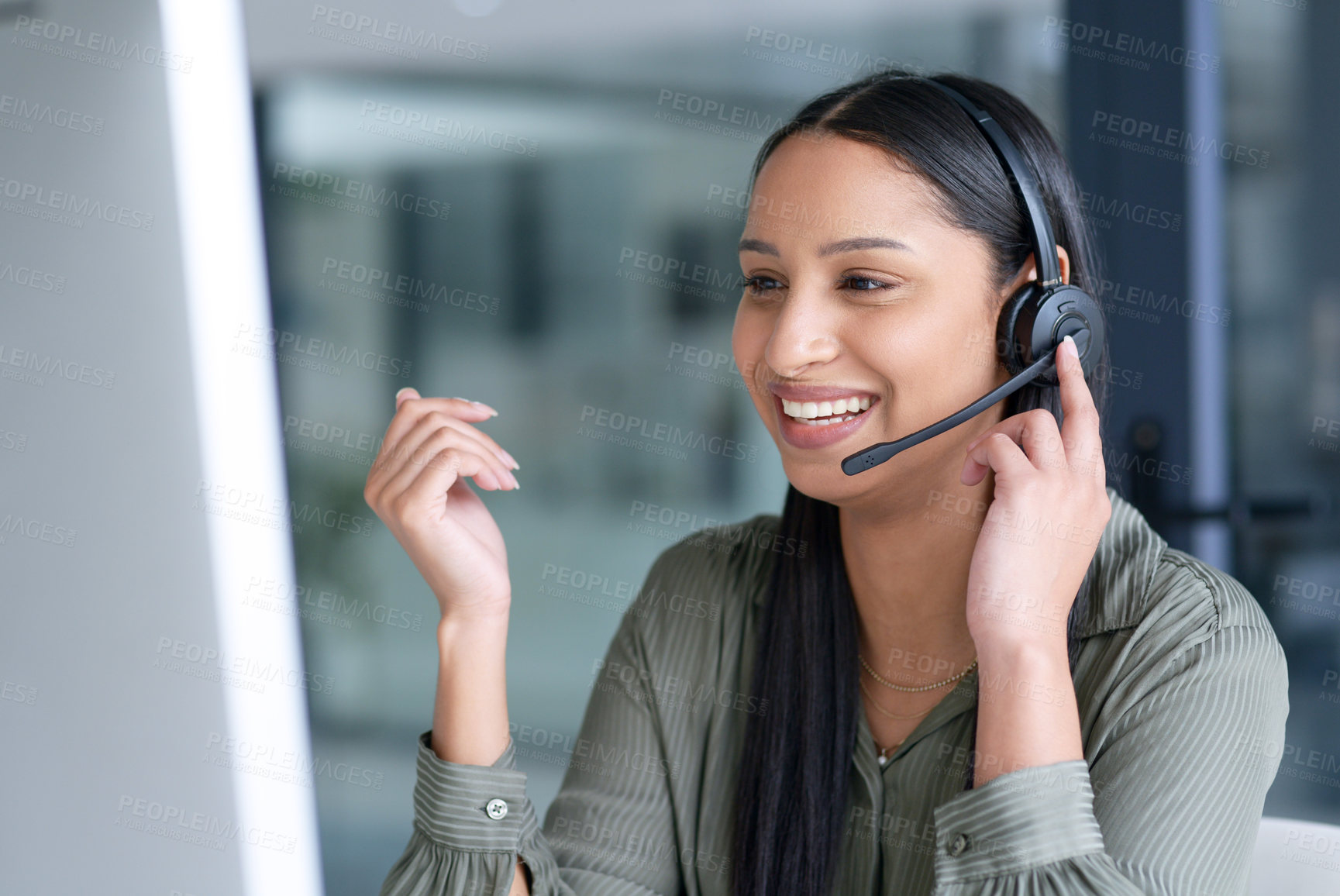 Buy stock photo Happy, call center and a woman with a computer for telemarketing, online consulting and communication. Smile, contact us and a person speaking into a headset for customer care on a pc in an office