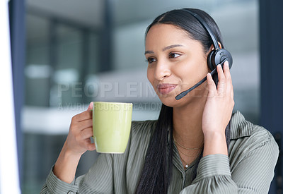 Buy stock photo Woman with coffee, call center with CRM and contact us,  communication with headset and technology in office. Female consultant with drink, customer service or telemarketing with help desk job