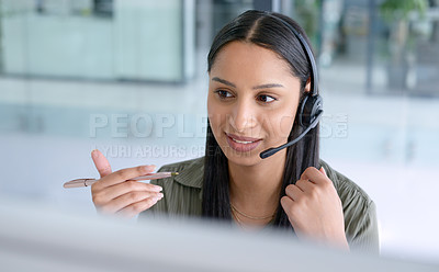 Buy stock photo Woman, phone call at callcenter with CRM and contact us,  communication with headset and technology in office. Female consultant in customer service, telemarketing or tech support with help desk job