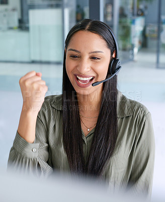 Buy stock photo Winning, call center and a woman with a computer for telemarketing, online succees and support. Happy, contact us and a person excited about achievement for customer care on a pc in an office