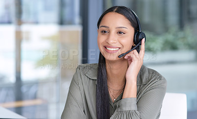 Buy stock photo Woman with smile, callcenter with CRM and contact us,  communication with headset and phone call in office. Female consultant in customer service, telemarketing or tech support with help desk job