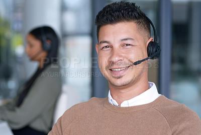 Buy stock photo Man with smile in portrait, call center with CRM and contact us, communication with headset and technology in office. Male consultant, face with customer service or telemarketing with help desk job