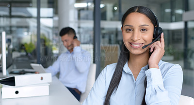 Buy stock photo Woman in portrait, smile and call center with CRM, contact us and communication with headset at office. Happy female consultant in customer service, telemarketing or tech support with help desk job