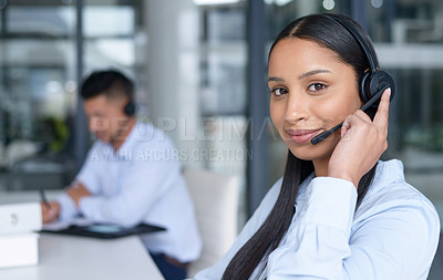 Buy stock photo Portrait of a young call centre agent working in an office