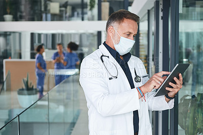 Buy stock photo Cropped shot of a handsome mature doctor standing and wearing a face mask while using a digital tablet