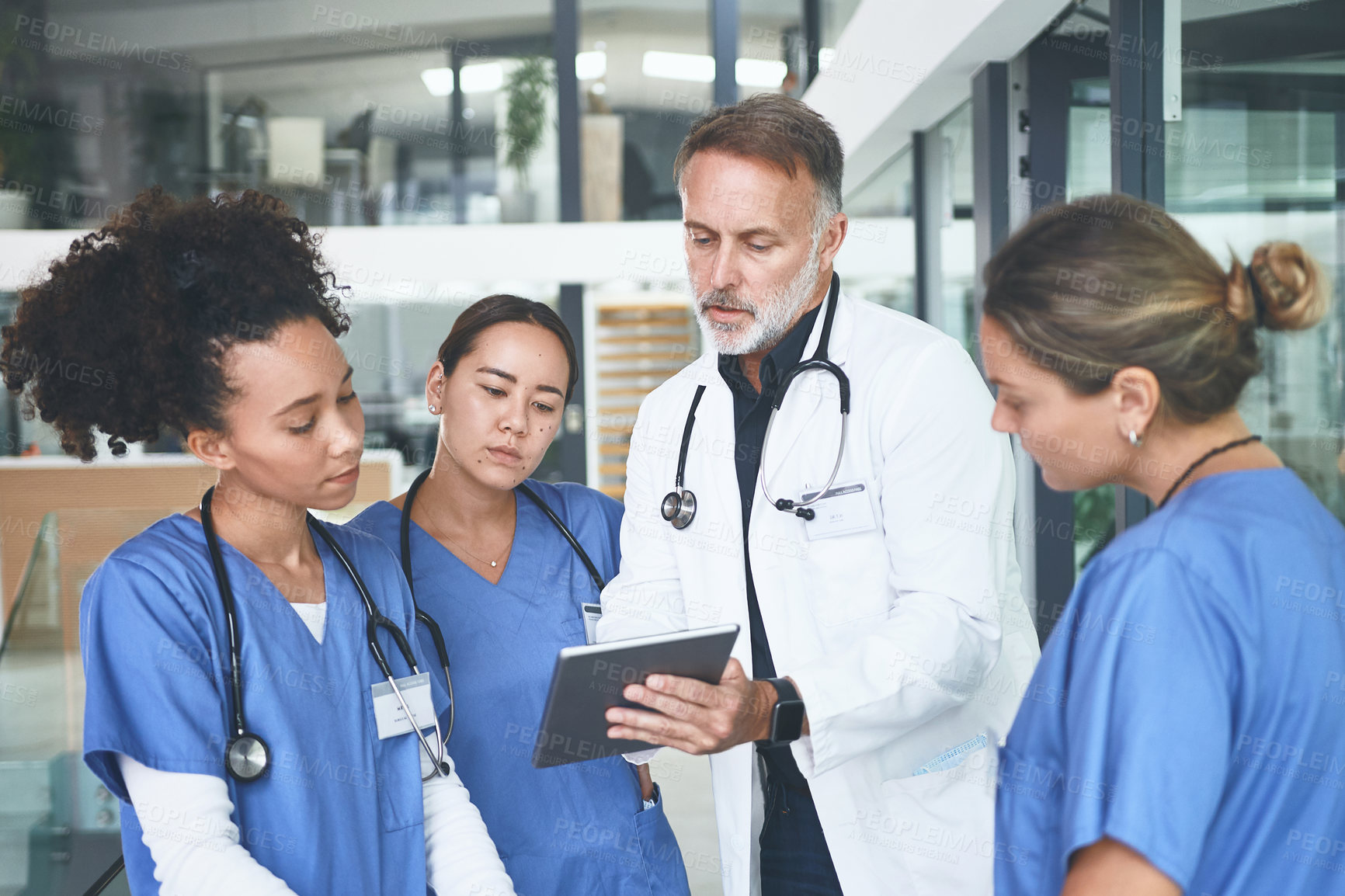 Buy stock photo Cropped shot of a handsome mature doctor standing with his nurses and using a digital tablet during a discussion