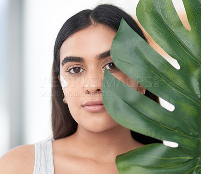 Buy stock photo Leaf, portrait and girl for natural skincare with herbal cosmetics for daily skin routine in morning. Woman, isolated on white background with palm plant for organic or dermatology and self care