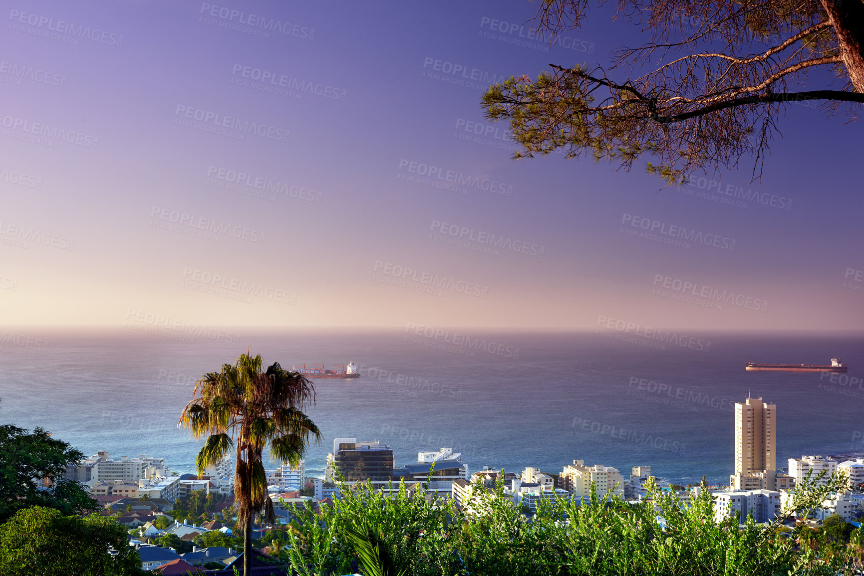 Buy stock photo Beautiful landscape view of the sea and horizon from Signal Hill tourism location in Cape Town, South Africa. Stunning city and ocean with a magical dark blue sunset sky background with copy space