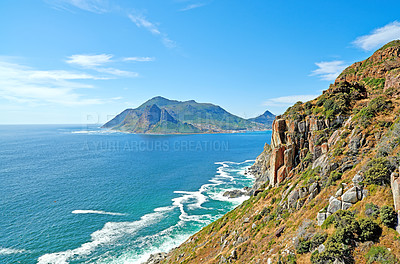 Buy stock photo A photo mountains, coast and ocean from Shapmanns Peak, with Hout Bay in the background. Close to Cape Town