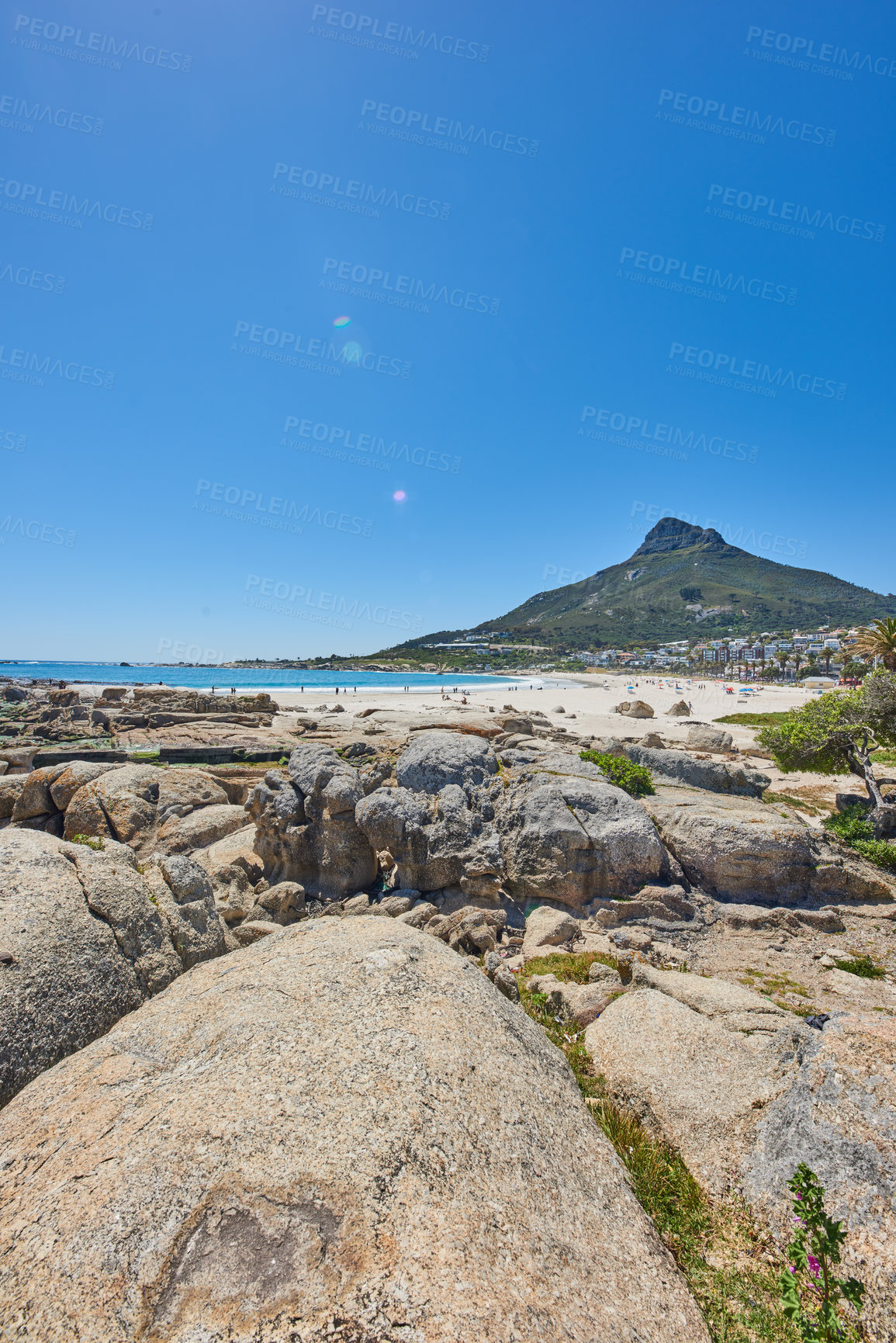 Buy stock photo Vibrant beach near rocky shore and mountains on blue sky background with copy space. Bright summer with tourists tanning under the sun and enjoying the stunning view of Lions Head mountain, Cape Town