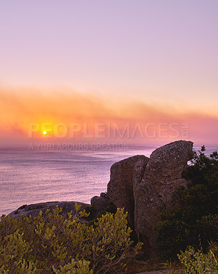 Buy stock photo Sunset at the coast of Western Cape, South Africa.