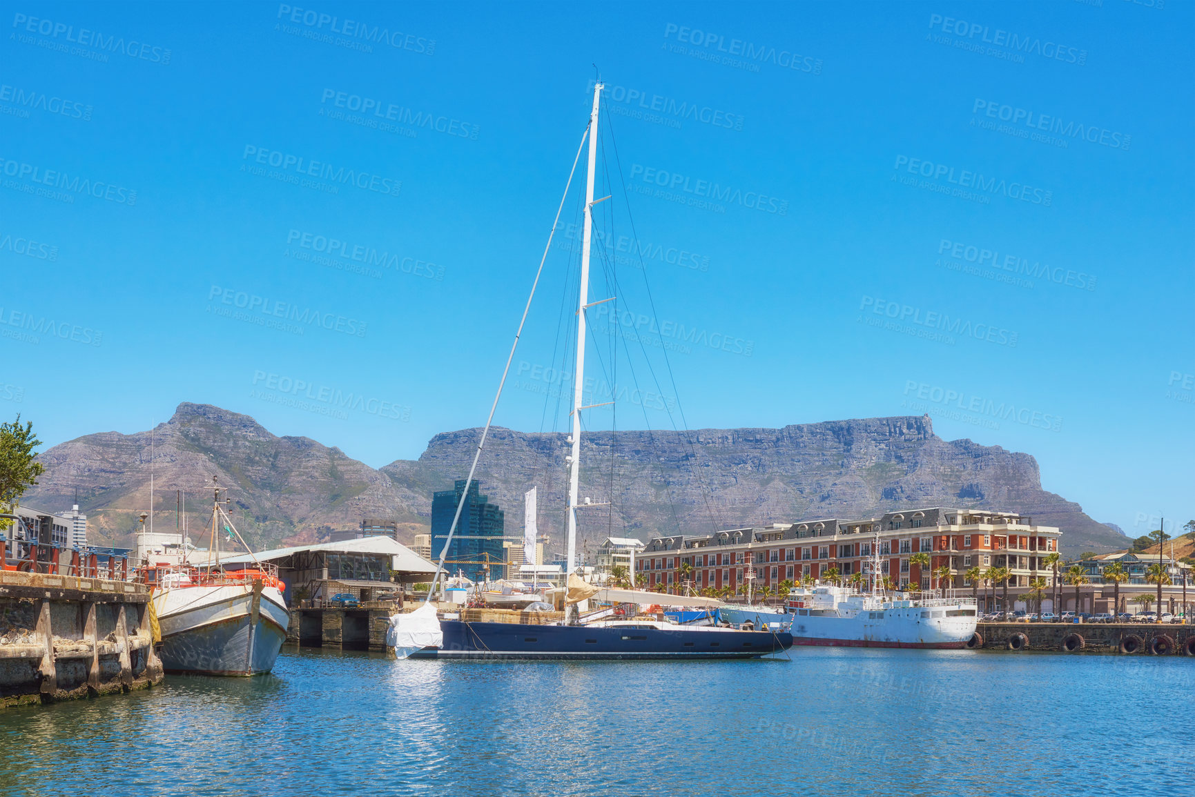 Buy stock photo Sailboats docked at a harbor with Table Mountain in the background against blue sky with copy space. Scenic landscape of waterfront port at a marina dockyard. Nautical vessels for travel and tourism
