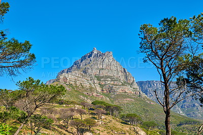 Buy stock photo Landscape and panoramic view of a mountain during summer against a clear blue sky. Scenic natural landmark amongst trees, plants, and vegetation in the countryside. Beautiful copyspace view of nature