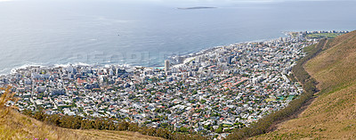 Buy stock photo Panoramic landscape and aerial view of the Cape Town, Western Cape in South Africa. Scenic copyspace view of a beautiful town for tourism and holiday by the sea and ocean during summer from above