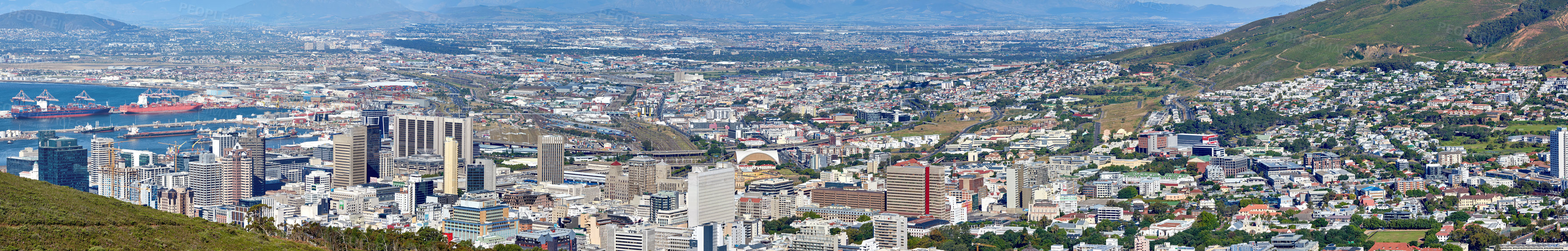 Buy stock photo Landscape view of the city Cape Town in South Africa. Wide screen and scenic view of an urban town with greenery and nature during summer. Banner of residential buildings in the Western Cape