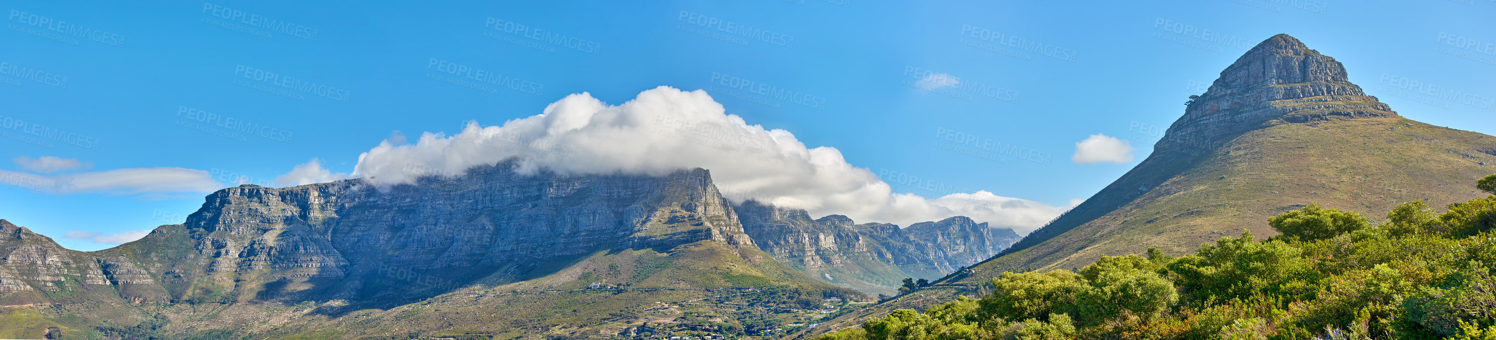 Buy stock photo Panoramic landscape of Table Mountain and Lions Head in Cape Town, South Africa. Aerial view of a majestic and breathtaking blue sky background over a natural wilderness environment during summer