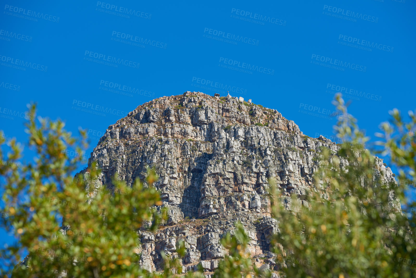 Buy stock photo Landscape view of mountain, copy space and blue sky background from lush, green botanical garden or national park. Low angle of rough, rocky or dangerous terrain in remote location overseas or abroad