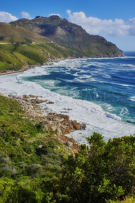 Buy stock photo A photo mountains, coast and ocean from Shapmanns Peak, with Hout Bay in the background. Close to Cape Town