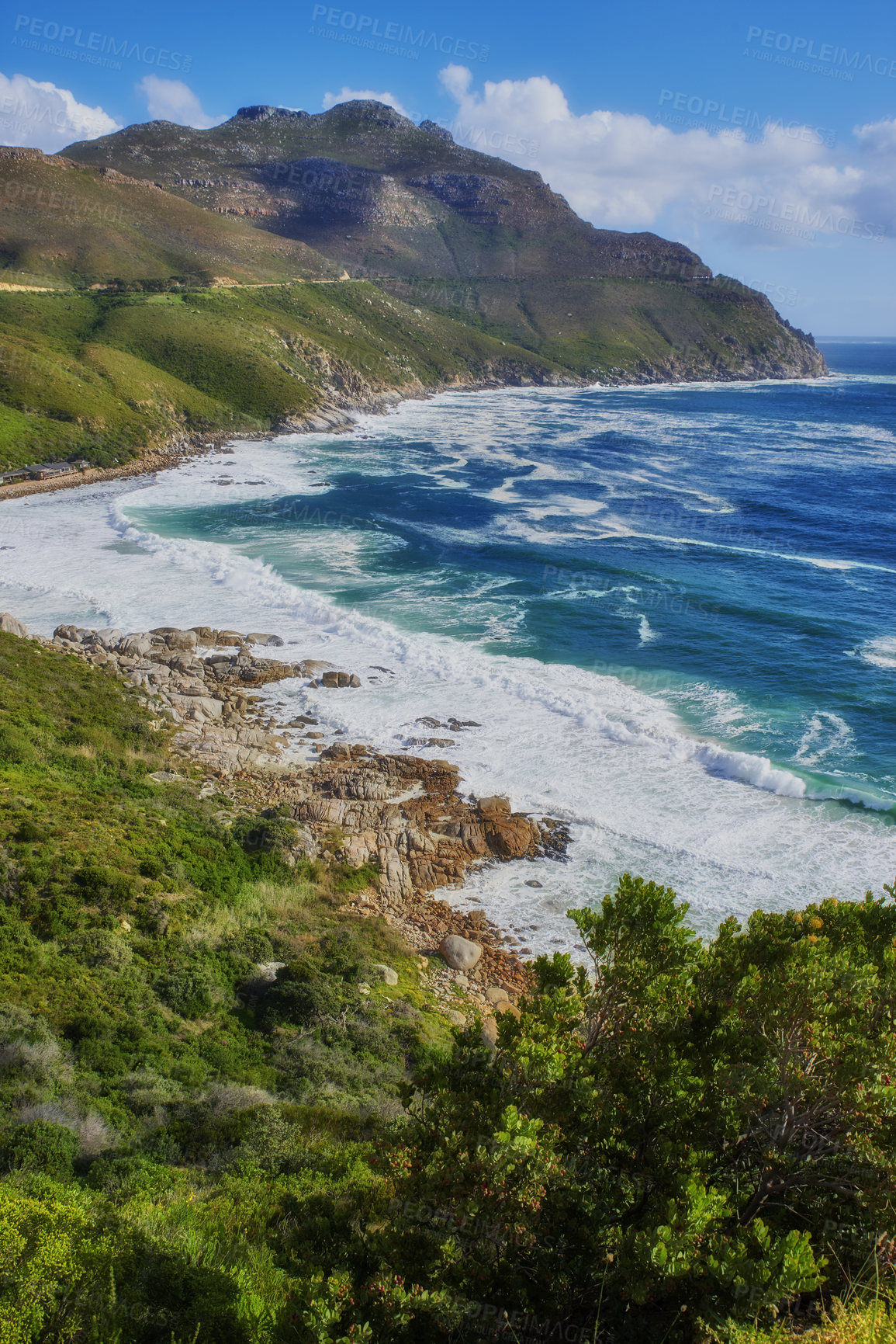 Buy stock photo A photo mountains, coast and ocean from Shapmanns Peak, with Hout Bay in the background. Close to Cape Town