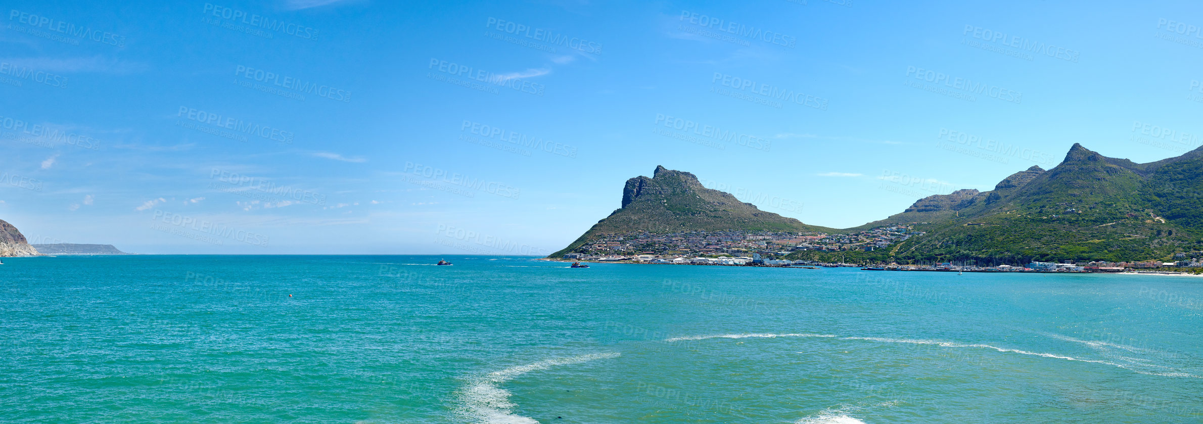 Buy stock photo A photo mountains, coast and ocean from Shapmanns Peak, with Hout Bay in the background. Close to Cape Town