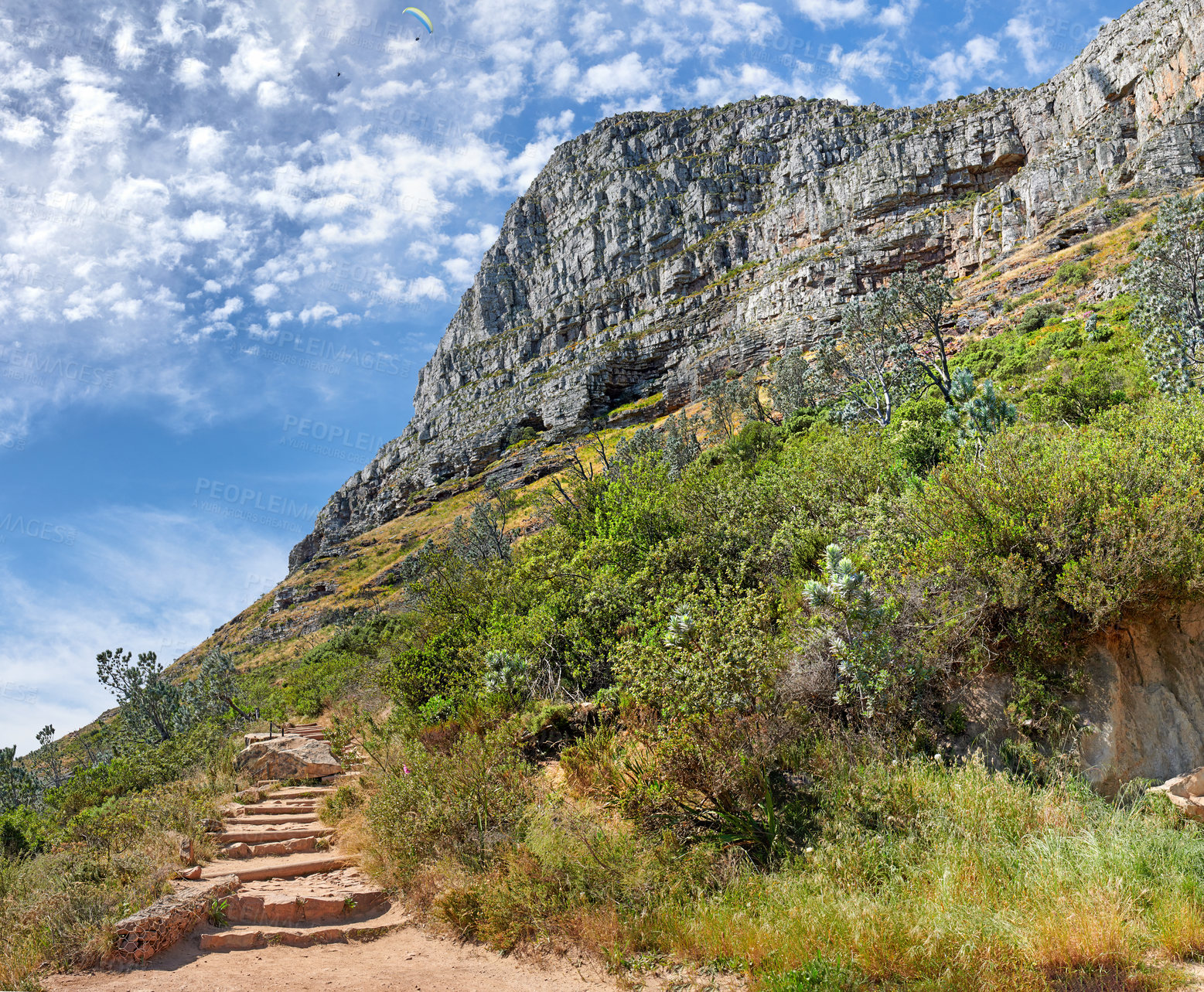 Buy stock photo Scenic landscape of mountain trails in a natural environment in the countryside. Copyspace of greenery and trees along a walking path in nature against a blue sky. Vegetation and planta in a valley