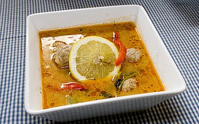 Buy stock photo Closeup of healthy cooked meal with lemon chicken curry, red pepper vegetables served in bowl at restaurant or home. Delicious and gourmet homemade lunch or dinner. Diet food for nutrition