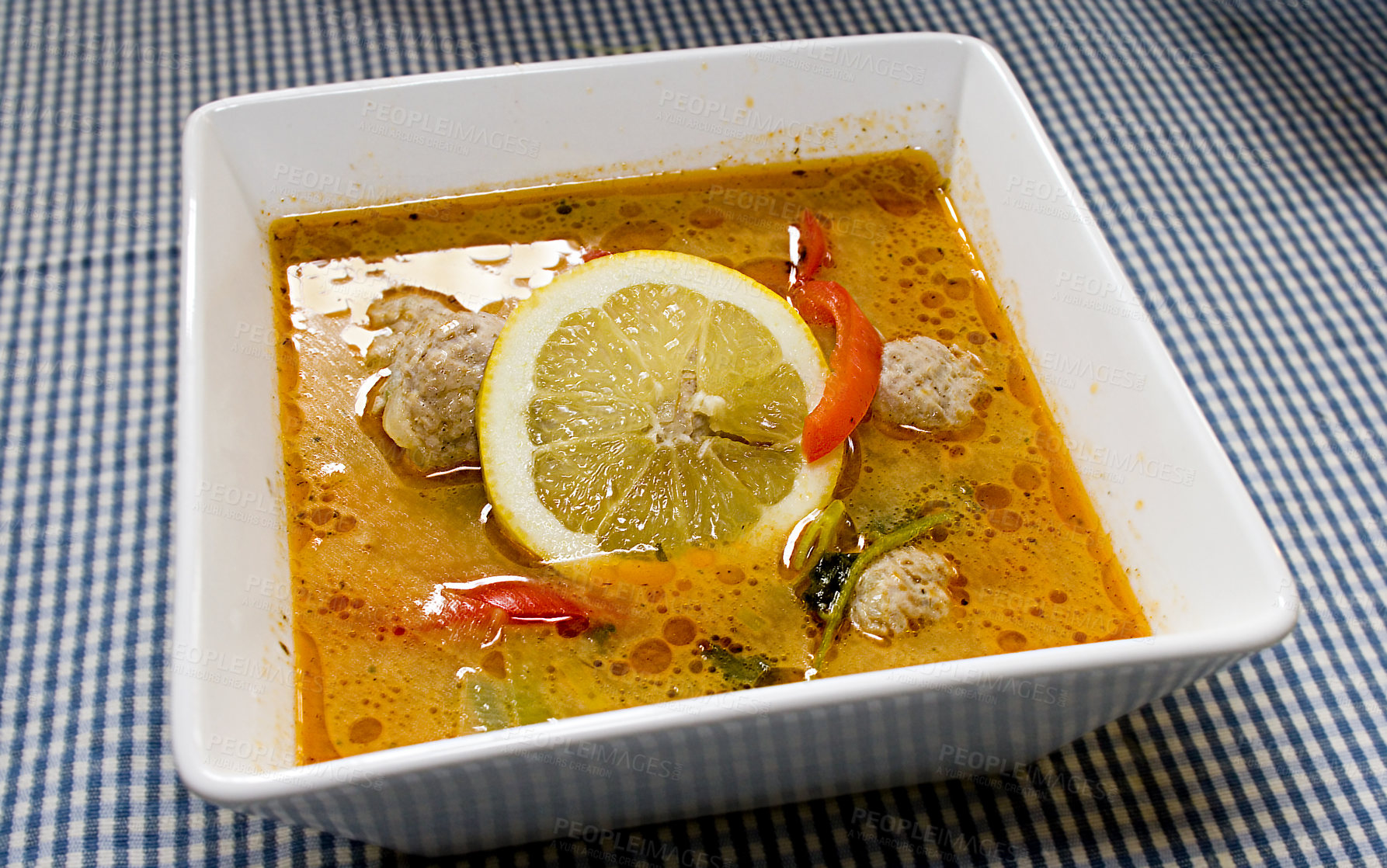 Buy stock photo Closeup of healthy cooked meal with lemon chicken curry, red pepper vegetables served in bowl at restaurant or home. Delicious and gourmet homemade lunch or dinner. Diet food for nutrition