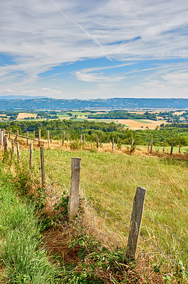 Buy stock photo Countryside farm land with a fence on a blue cloudy sky background with copy space. Landscape of a sustainable agriculture farmland with hay like grass and trees in a green environment