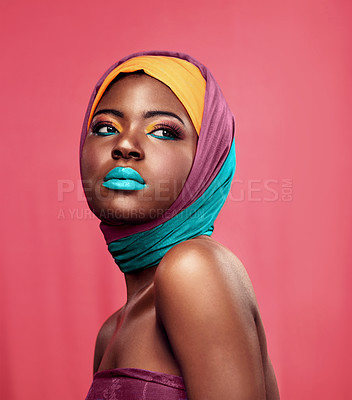 Buy stock photo Fashion, beauty and scarf with black woman in studio for creative, art and culture. Makeup, cosmetics and natural with face of model isolated on pink background for african and color mockup