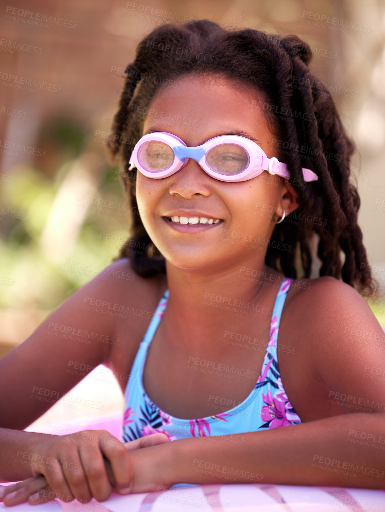 Buy stock photo Swim, goggles and face for black girl in summer, swimsuit or pool for weekend activity. Smile, child or bathing suit on vacation or holiday in Hawaii resort, learn or happy for childhood development 