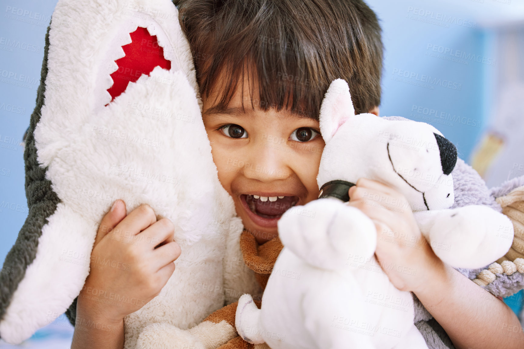 Buy stock photo Portrait, home and happy boy with stuffed animal, excited and childhood development for growth and comfort. Smile, cheerful and toys in bedroom, youth and hispanic kid pretending to play and hug