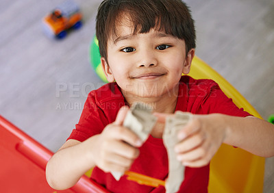 Buy stock photo Growth, portrait and asian boy child playing with toys in bedroom of home for development from above. Face, game and smile with happy young kid in apartment for free time, learning or leisure