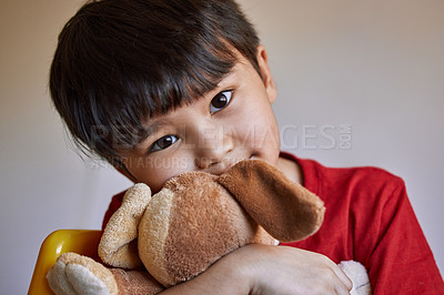 Buy stock photo Portrait, house and happy boy with stuffed animal, relaxed and childhood development for growth and comfort. Indian, calm and toys in family home, elementary kid and hugging or holding teddy