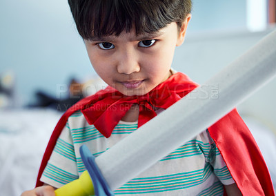 Buy stock photo Boy, cape and sword with playing in portrait for child development with superhero, confidence and youth. Fantasy, bedroom and cosplay and costume with brave or strong with ready to protect home