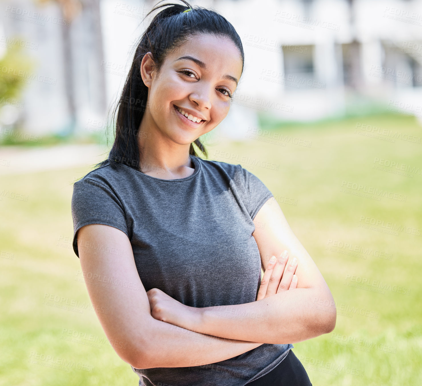 Buy stock photo Portrait of a confident young woman having a workout at the park