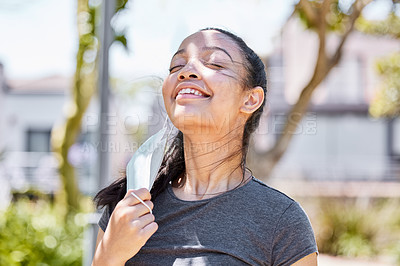 Buy stock photo Smile, mask and breathe or air in nature, fresh and happy for cure of sickness. Healthcare, medical and free from virus in park and lung health for female person, relax and vaccine for Tuberculosis