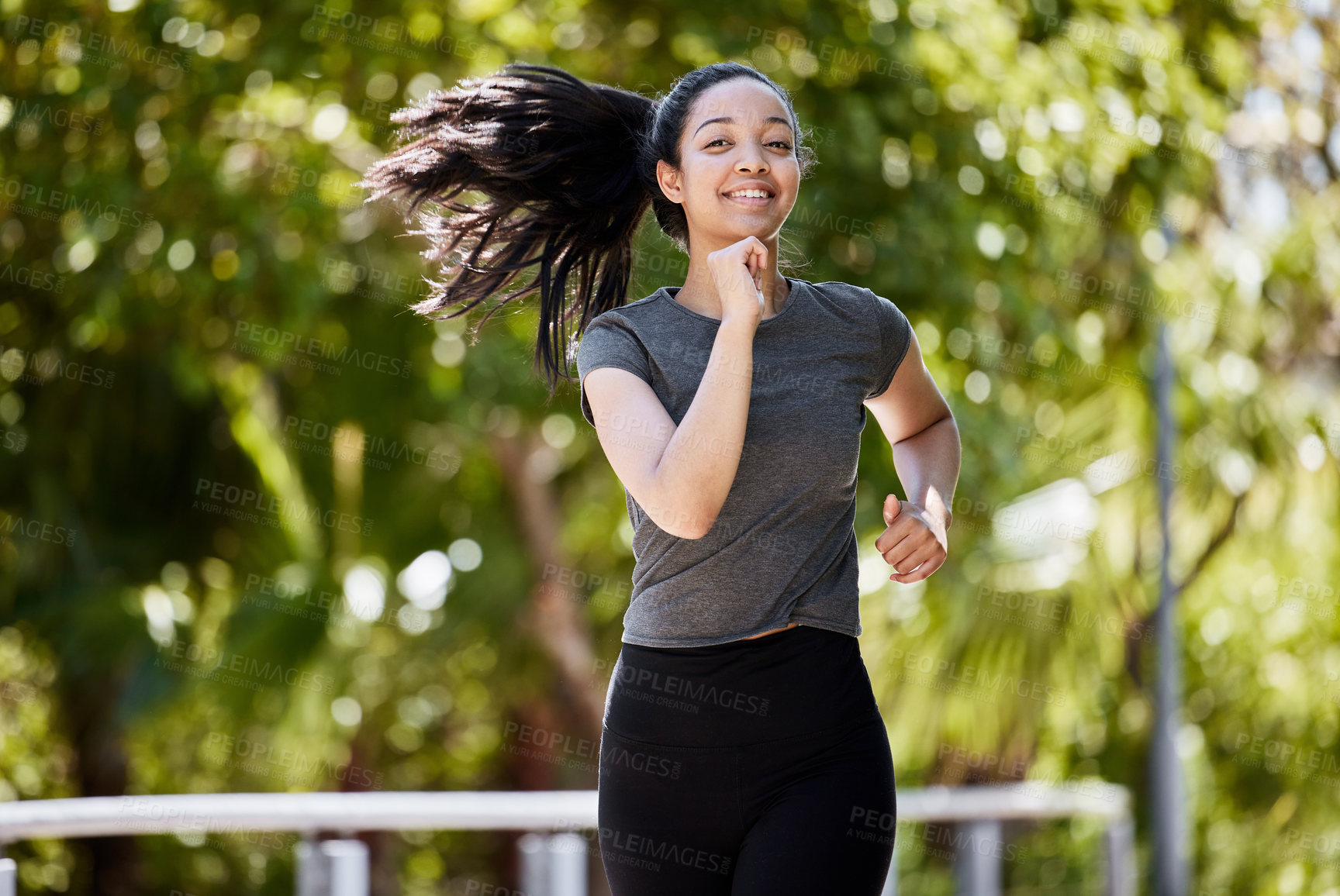 Buy stock photo Runner, exercise and woman in nature for workout, park and action for health and wellness. Cardio, endurance and marathon training for Brazilian female person, countryside and sports for fitness