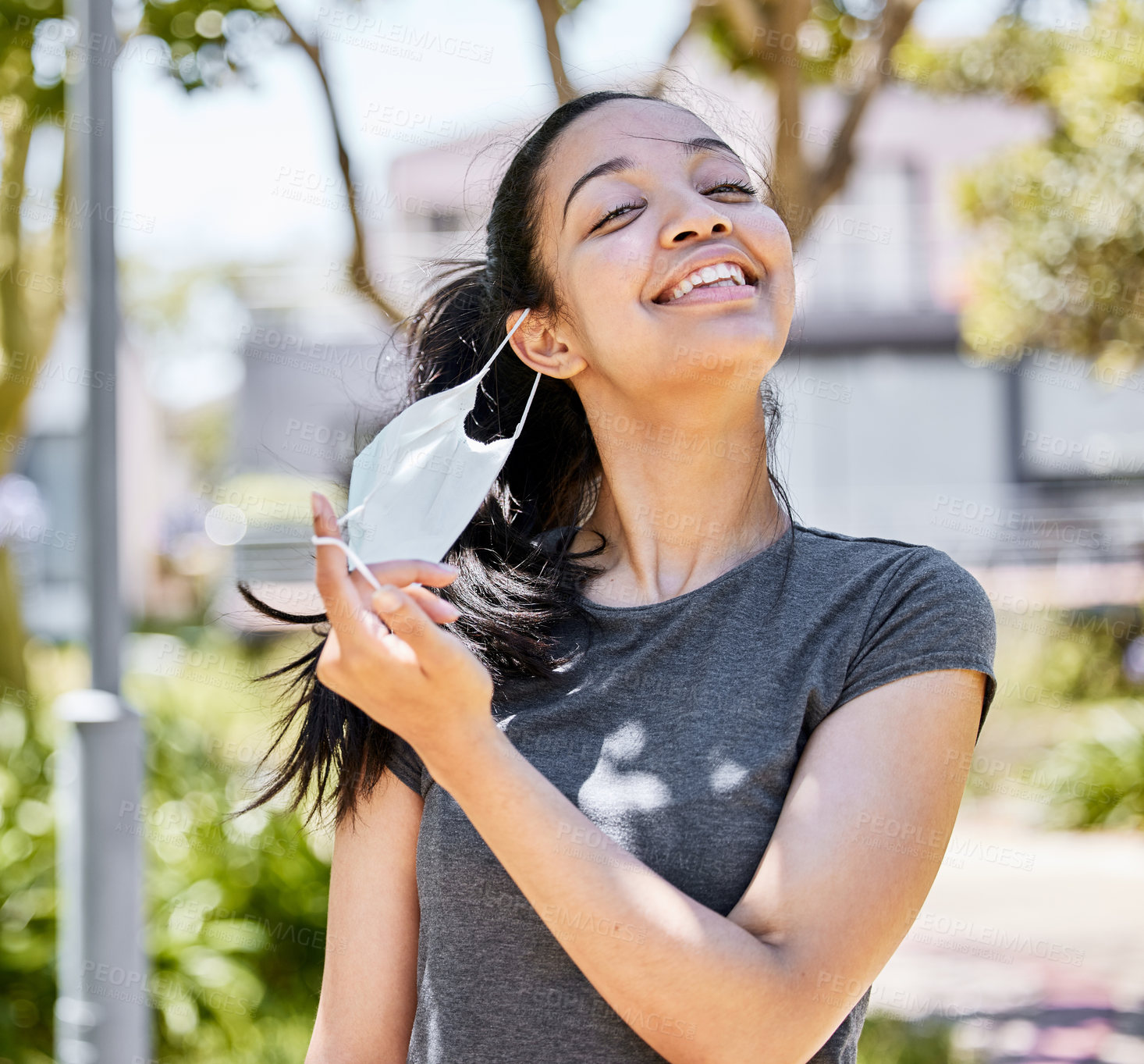 Buy stock photo Smile, mask and breathe or air in nature, fresh and happy for cure of sickness. Healthcare, medical or free from virus in park and lung health for female person, vaccine or remedy for Covid or corona