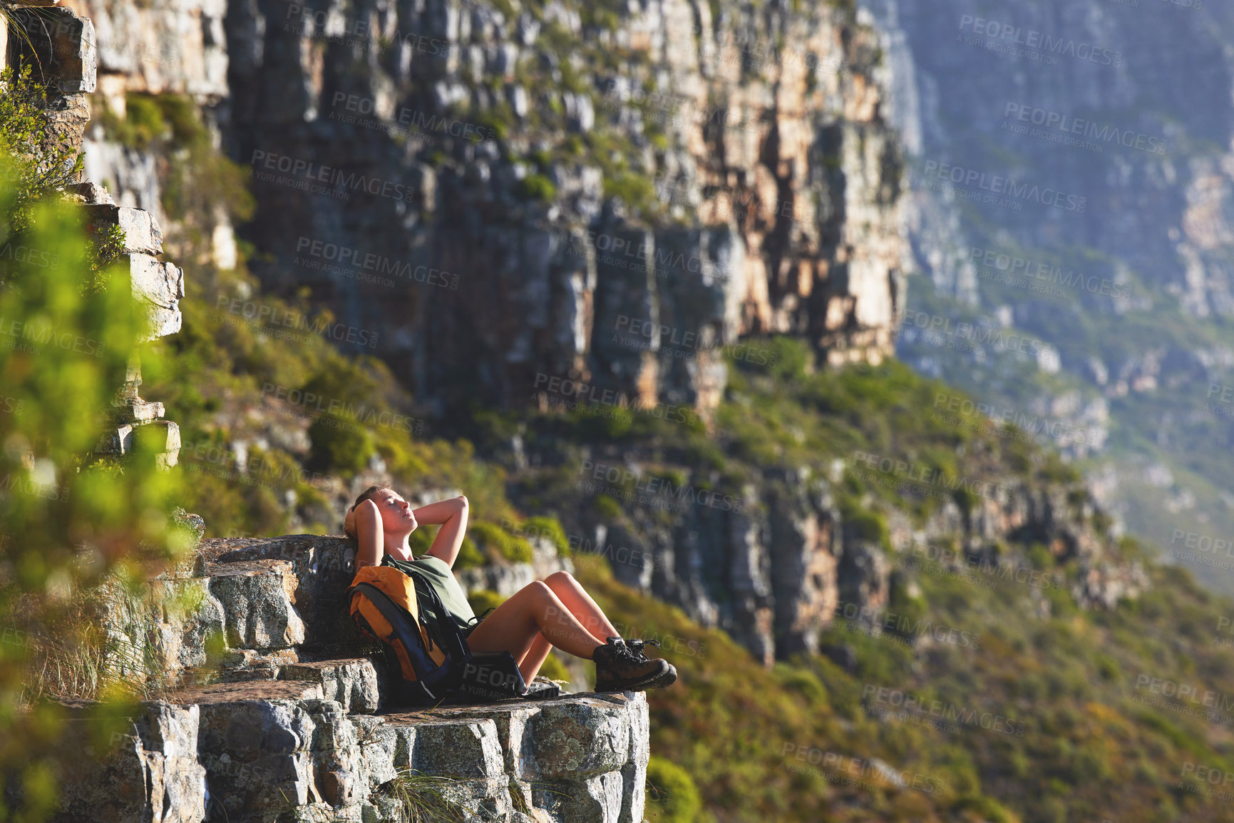 Buy stock photo Fitness, woman and tired on mountain from hiking for training, workout and health for journey or trekking as backpack. Active, calm and female person on adventure for physical exercise on cliff