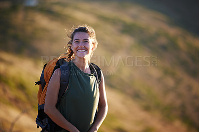 Buy stock photo Hiker, mountain and sky in environment for landscape, nature or adventure for extreme sport, travel and explore. Woman, smile and trail for recreation, hiking and journey with backpack on mockup