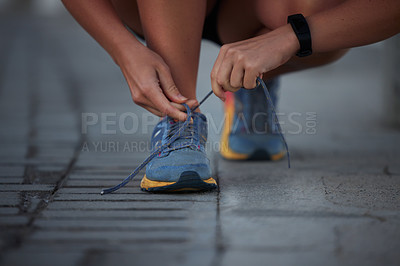 Buy stock photo Woman, running shoes and athlete with laces for fitness, exercise and getting ready with training for health. Sportswear, workout and active with never give up for preparation for self esteem