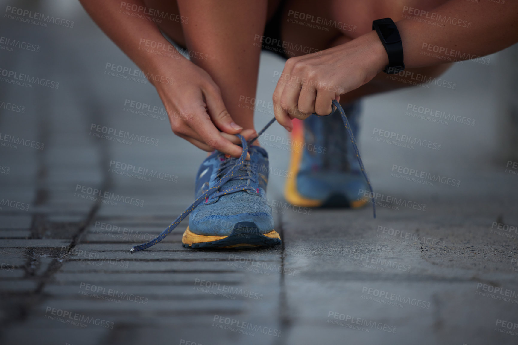 Buy stock photo Woman, running shoes and athlete with laces for fitness, exercise and getting ready with training for health. Sportswear, workout and active with never give up for preparation for self esteem