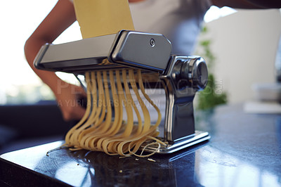 Buy stock photo Homemade, pasta or woman with machine, recipe or ingredients with preparation, Italian or food. Person, chef or girl with equipment, small business or delicious with traditional spaghetti or culinary