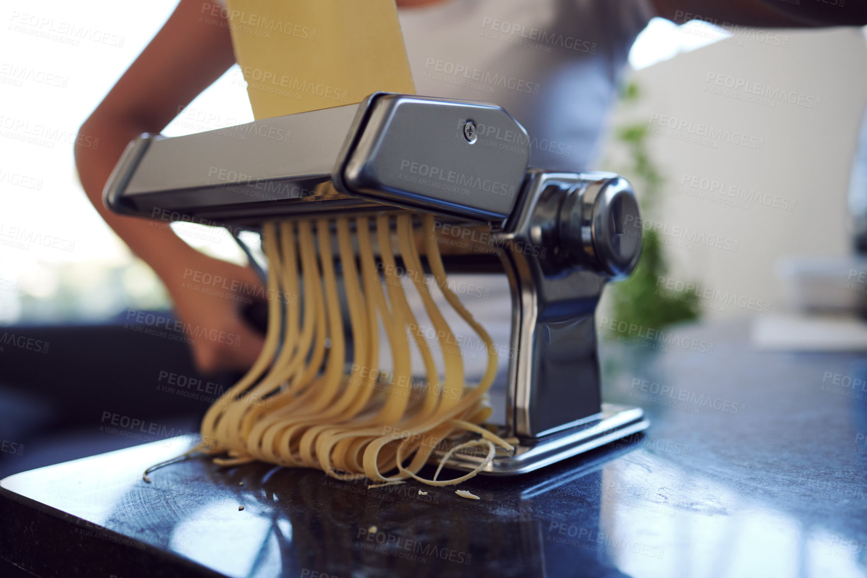 Buy stock photo Homemade, pasta or woman with machine, recipe or ingredients with preparation, Italian or food. Person, chef or girl with equipment, small business or delicious with traditional spaghetti or culinary
