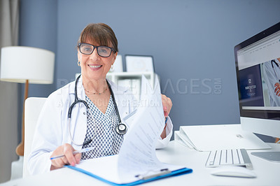 Buy stock photo Health insurance, portrait and woman doctor with paperwork, patient application or info for hospital admin. Contract, documents and medical cover with healthcare benefits, client history or checklist