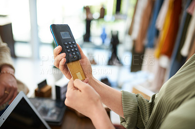Buy stock photo Credit card, payment and retail worker in store for shopping POS, online register and digital service. Fashion startup, luxury boutique and person with machine for buying clothing, products and sales