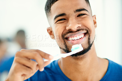 Buy stock photo Happy man, portrait and teeth with toothbrush for dental care, hygiene or morning routine at home. Face of young male person with big smile or toothpaste for clean mouth, oral or gum health at house